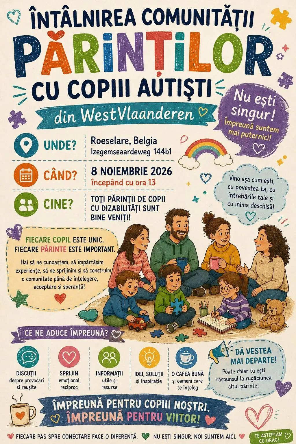 Afișul întâlnirii comunității părinților cu copii autiști din West-Vlaanderen: 8 noiembrie 2026, de la ora 13, Izegemseaardeweg 144b1, Roeselare, cu părinți și copii care se joacă împreună