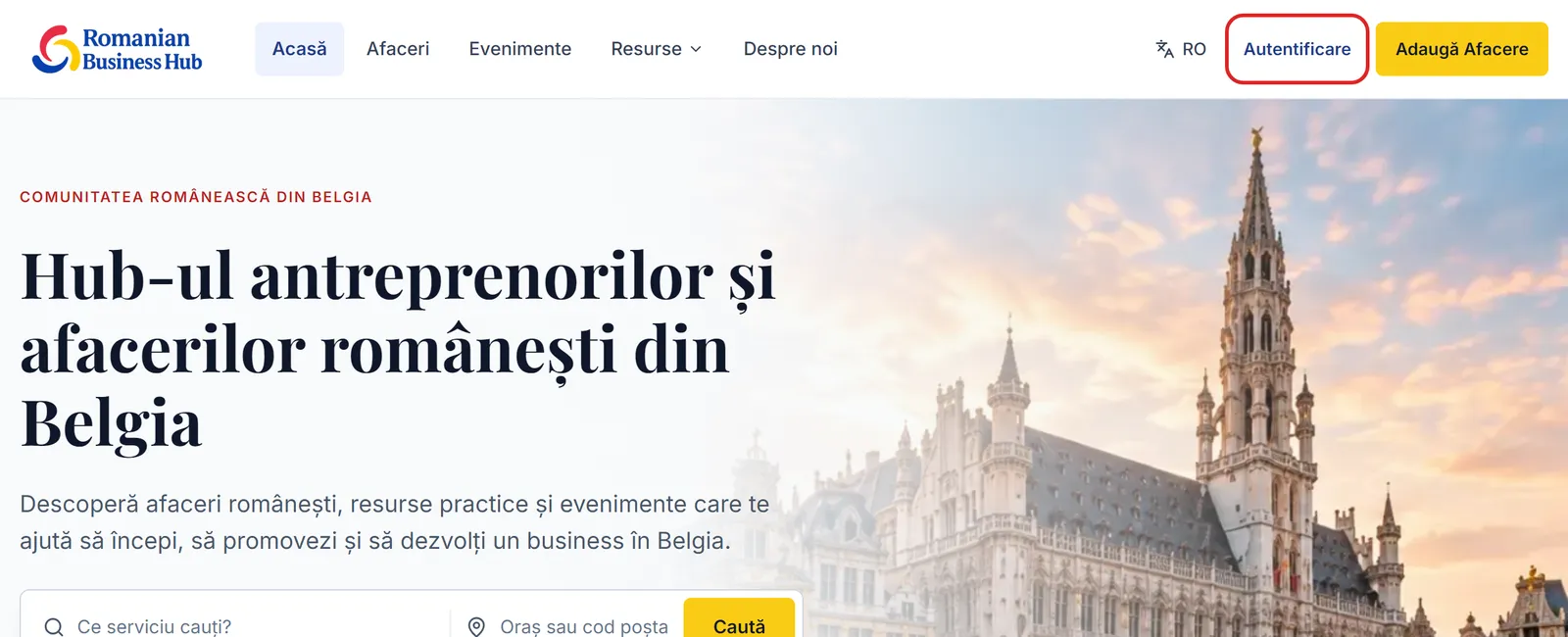 Meniul site-ului Romanian Business Hub cu butonul Autentificare marcat