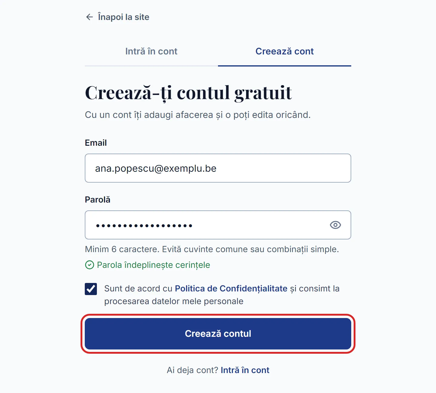 Formularul de creare cont completat cu email, parolă și acordul bifat