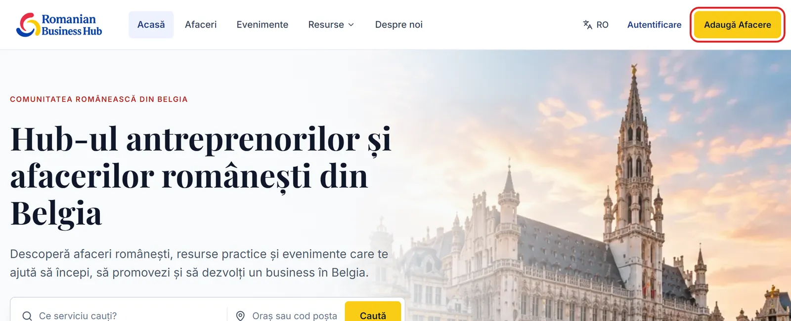 Meniul site-ului cu butonul galben Adaugă Afacere marcat