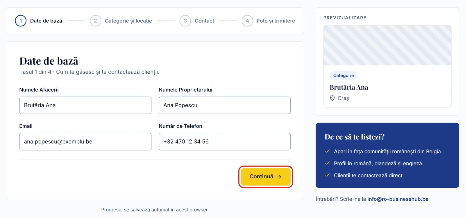 Pasul 1 din formularul Adaugă afacere: numele afacerii, proprietar, email și telefon