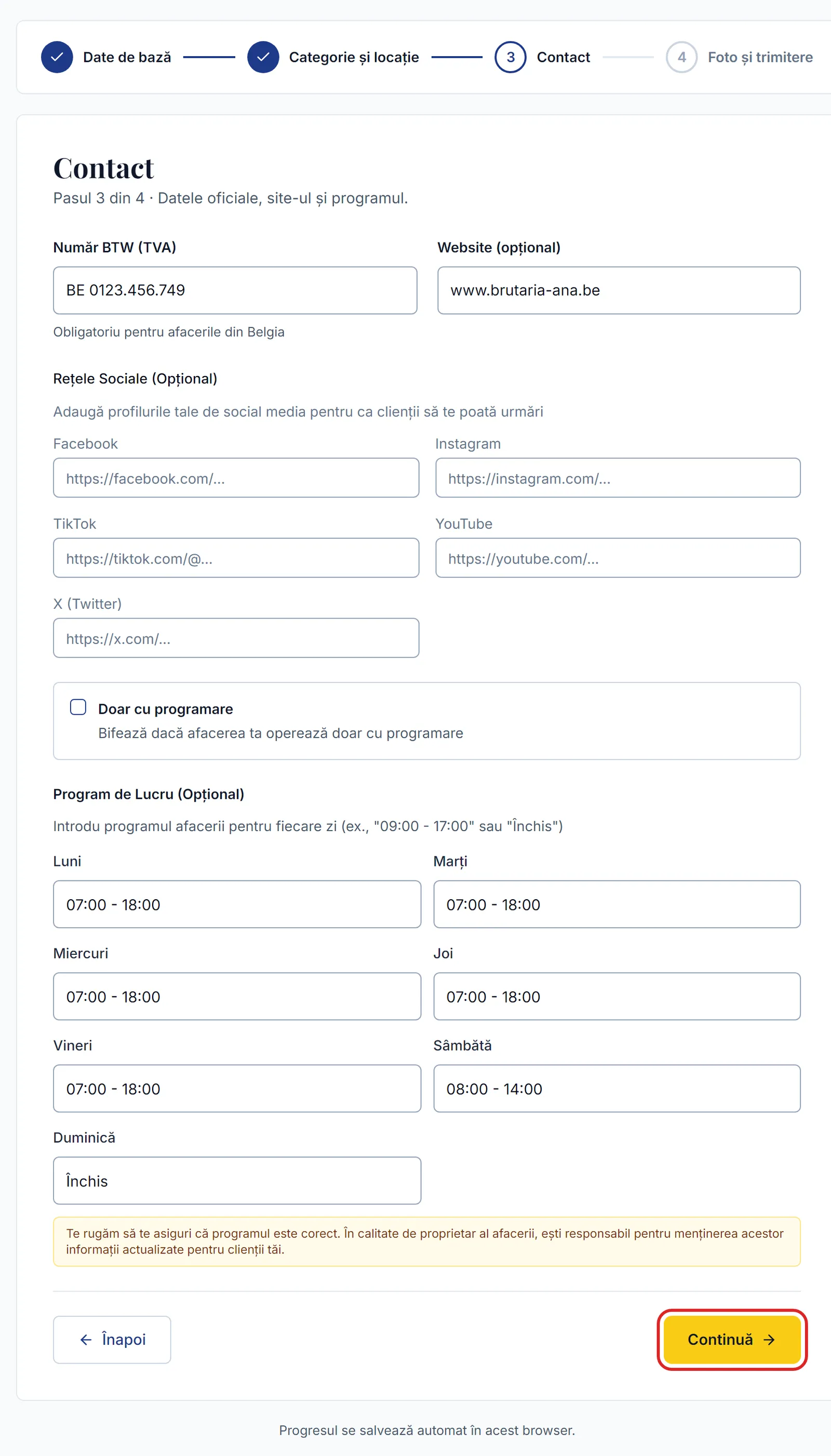 Pasul 3 din formular: număr BTW, website, rețele sociale și programul pe zile