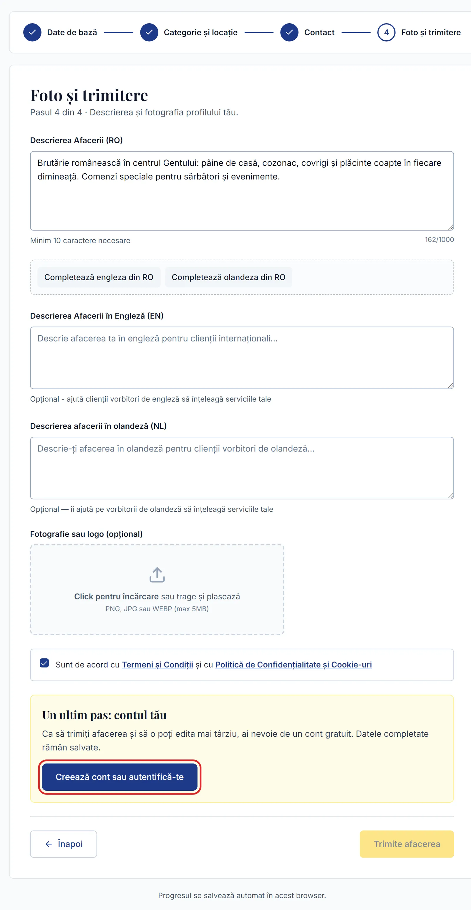 Pasul 4 din formular: descriere, butoane de traducere, încărcare fotografie, acord și caseta pentru cont