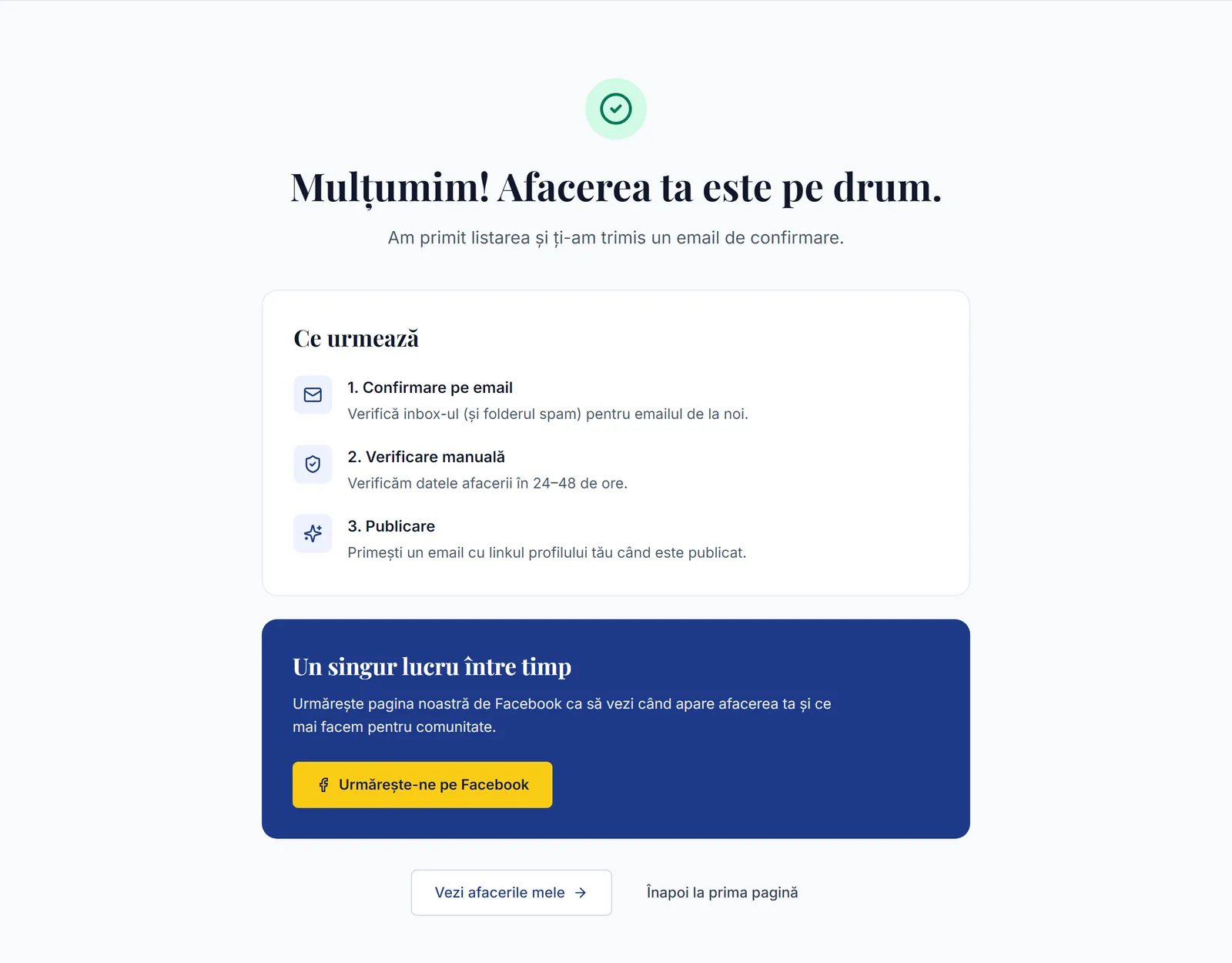 Pagina de mulțumire după trimiterea afacerii, cu pașii confirmare pe email, verificare manuală și publicare